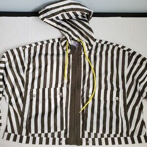 Cisono Women Olive White Striped Hooded Windbreaker Jacket Cropped NYJK202 L